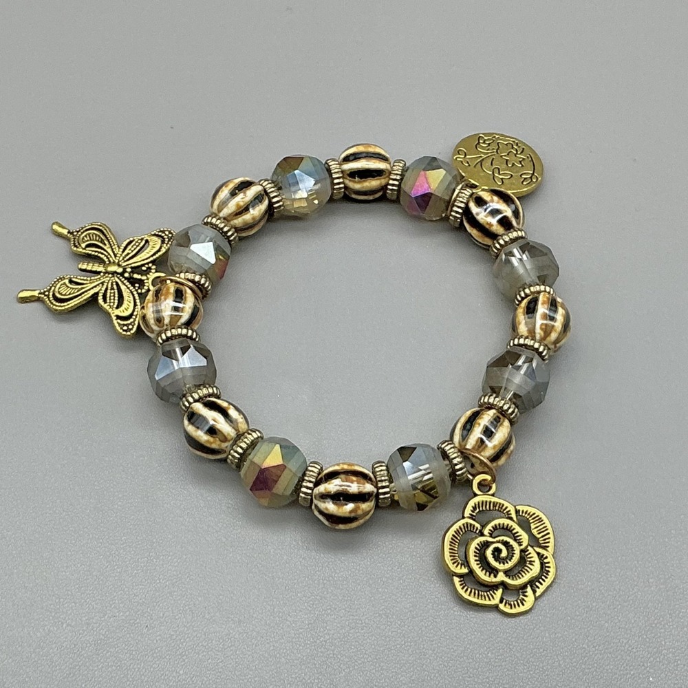 Bracelet Multicolor Beaded Butterfly‎ Flower Charm Stretch Womens Boho Jewelry